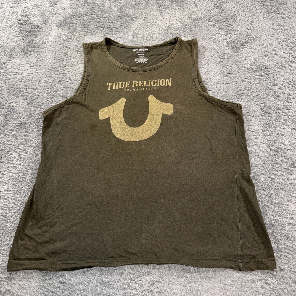True Religion Loungewear Tank Top Size Medium Olive Green Gold Horseshoe Logo